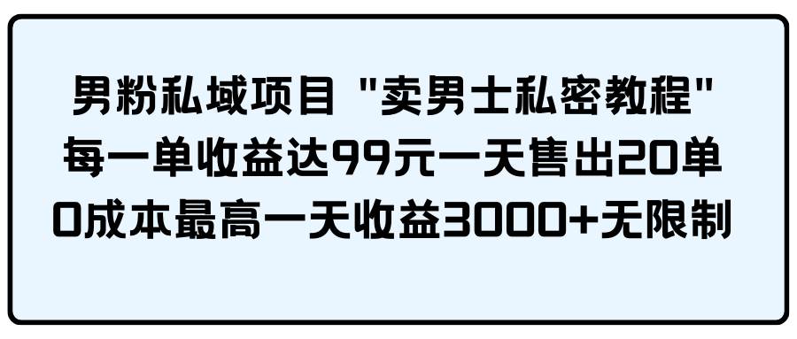 男粉私域项目 卖男士私密教程 每一单收益达99元一天售出20单-元满创业网