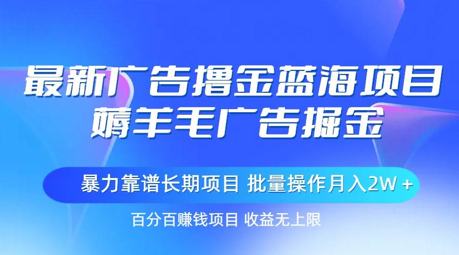 最新广告撸金蓝海项目，薅羊毛广告掘金 长期项目 批量操作月入2W＋-元满创业网