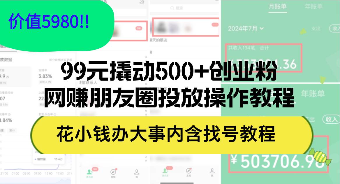99元撬动500+创业粉，网赚朋友圈投放操作教程价值5980！花小钱办大事内…-元满创业网
