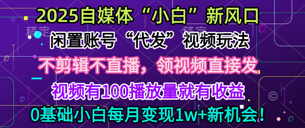 2025每月躺赚5w+新机会，闲置视频账号一键代发玩法，0粉不实名不剪辑，领了视频直接发，0基础小白也能日入300+-元满创业网