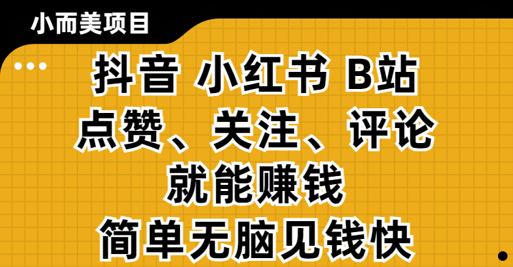 小而美的项目，抖音、小红书、B站视频点赞、关注、评论就能赚钱，简单无脑立见收益！妥妥的零撸项目-元满创业网