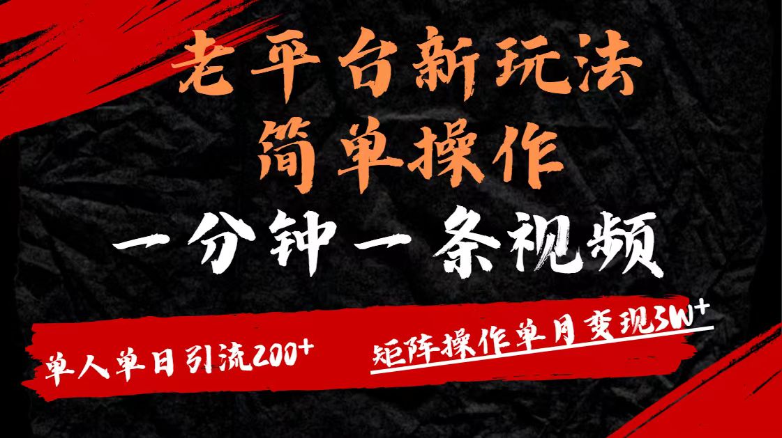 老平台，新玩法，简单操作，一分钟一条视频，单人单人引流200+矩阵操作，单月变现3W-元满创业网