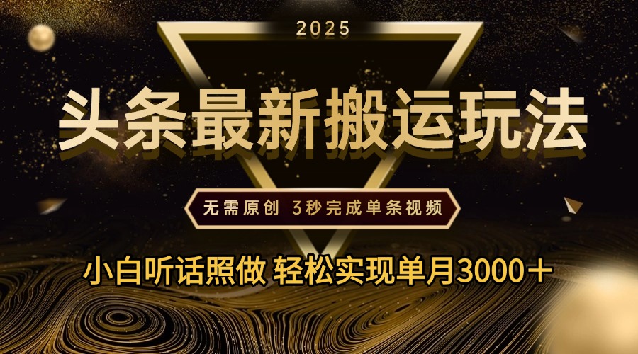 2025年今日头条最新搬运玩法，无需原创3秒完成视频轻松实现单月3000＋-元满创业网